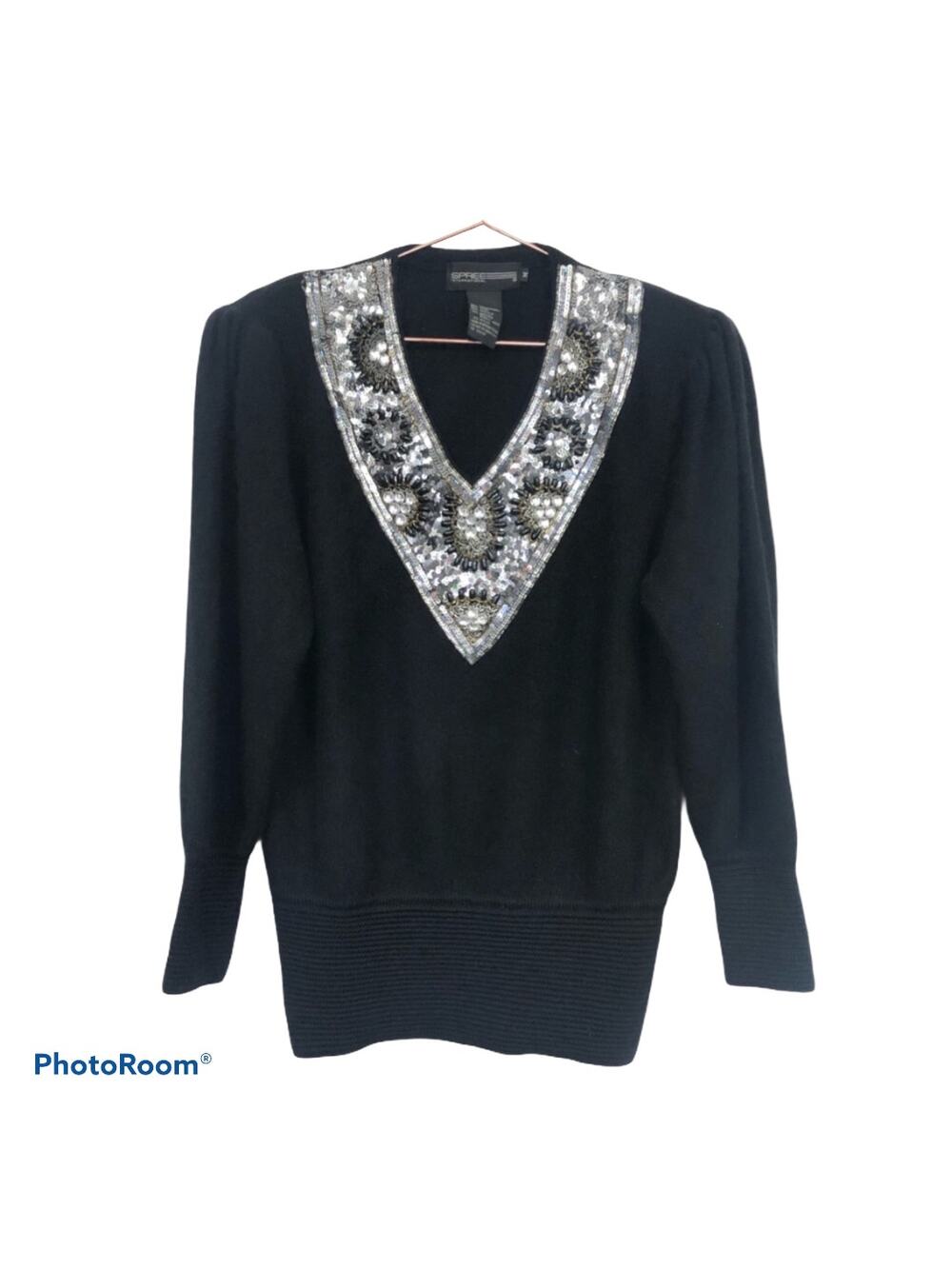 Vintage V-neck sequins women's black lambswool sweater